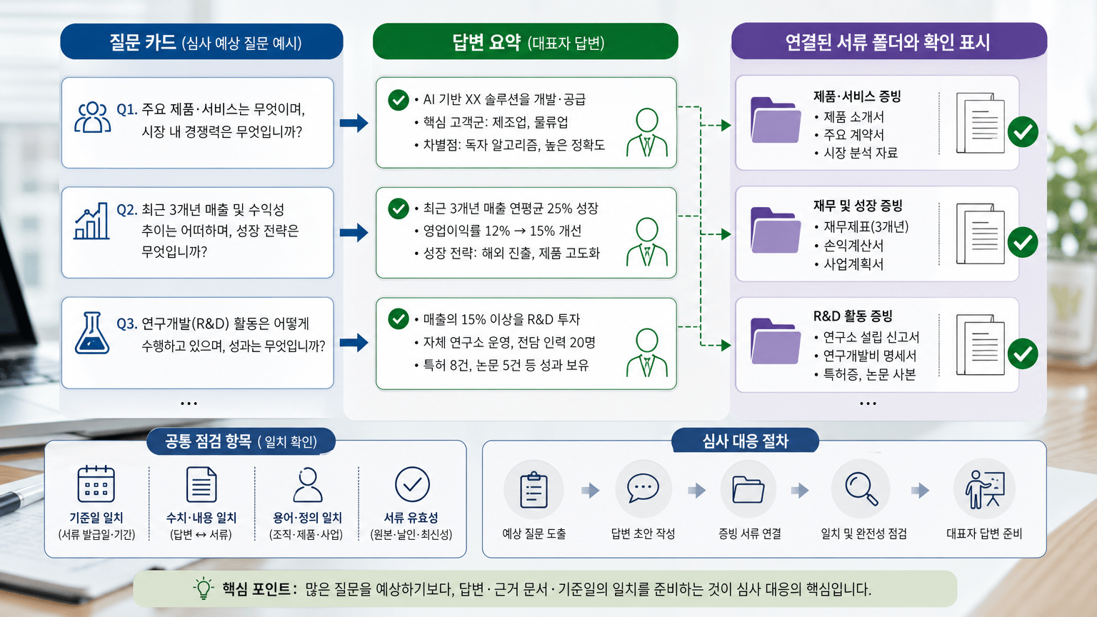 대표자 답변과 증빙자료 연결 방식을 한눈에 보여주기
