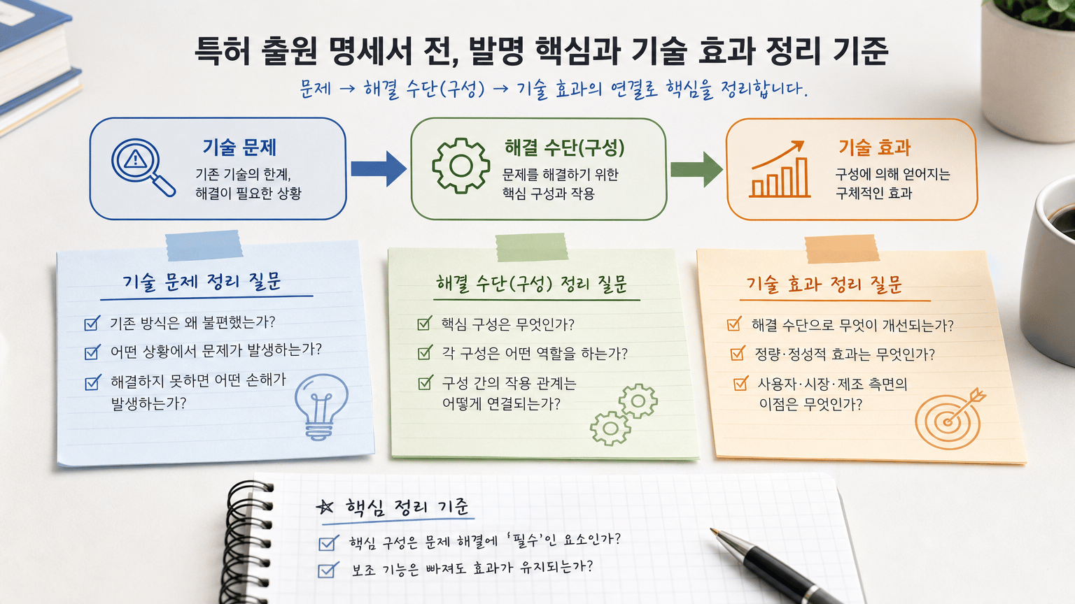 특허 출원 명세서 전, 발명 핵심과 기술 효과 정리 기준
