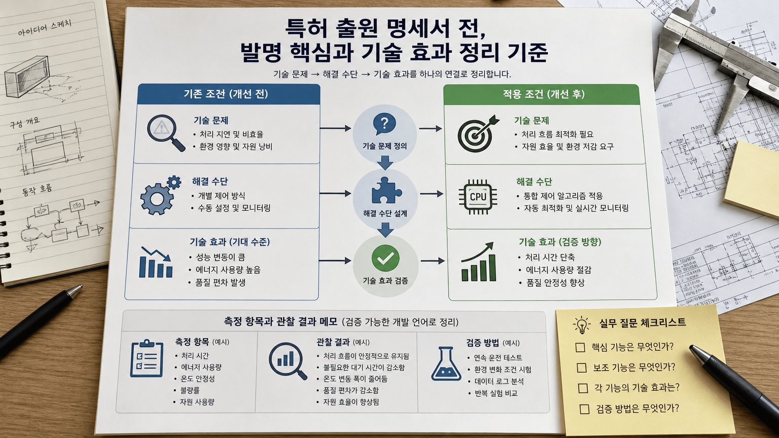 특허 출원 명세서 전, 발명 핵심과 기술 효과 정리 기준